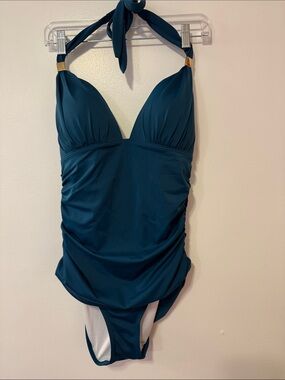Victoria’s Secret Teal Halter One Piece Swimsuit Ruched Plunge Large Teal Color
